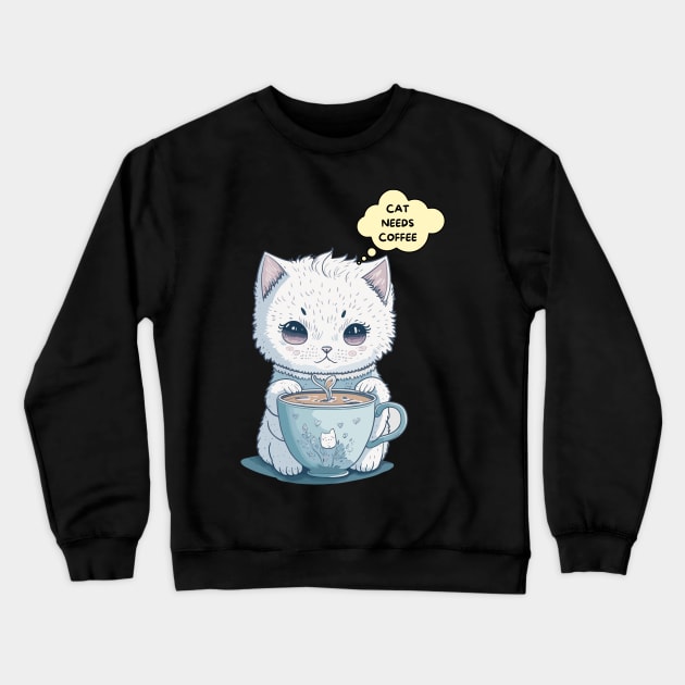 Cat Needs coffee Crewneck Sweatshirt by Maria Murtaza